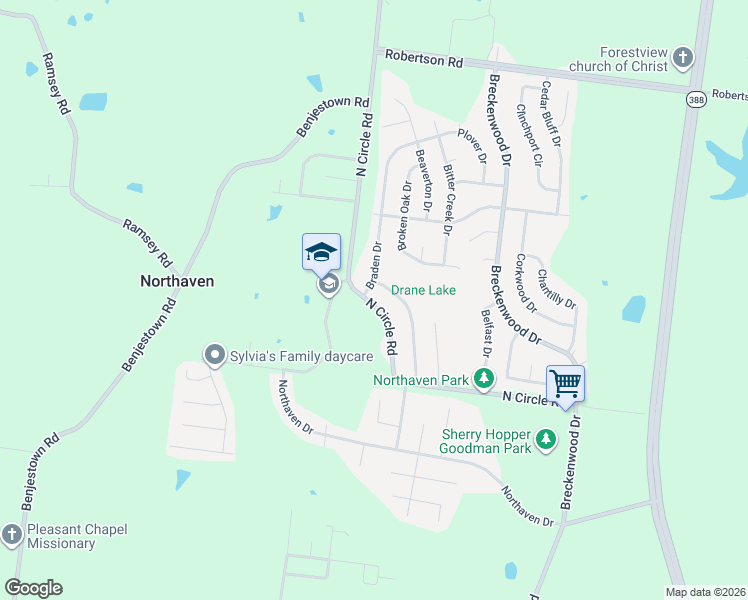 map of restaurants, bars, coffee shops, grocery stores, and more near 5150 North Circle Road in Memphis