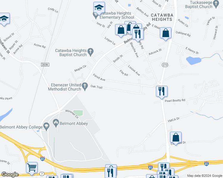 map of restaurants, bars, coffee shops, grocery stores, and more near State Road 2075 in Belmont