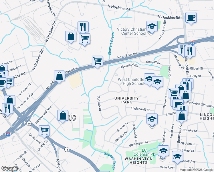 map of restaurants, bars, coffee shops, grocery stores, and more near 2117 Abelwood Road in Charlotte