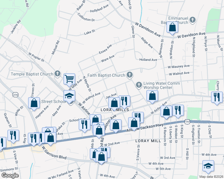 map of restaurants, bars, coffee shops, grocery stores, and more near 1304 West Walnut Avenue in Gastonia