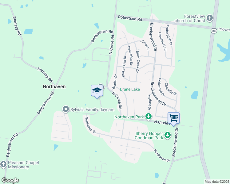 map of restaurants, bars, coffee shops, grocery stores, and more near 5150 North Circle Road in Memphis