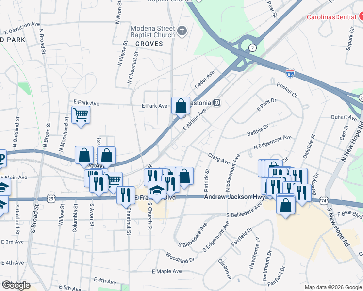 map of restaurants, bars, coffee shops, grocery stores, and more near 123 Ann Street in Gastonia