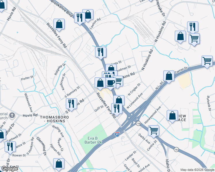 map of restaurants, bars, coffee shops, grocery stores, and more near 220 N Hoskins Rd in Charlotte
