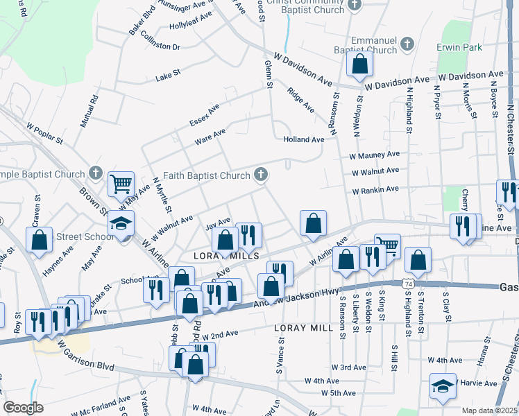 map of restaurants, bars, coffee shops, grocery stores, and more near 412 North Vance Street in Gastonia