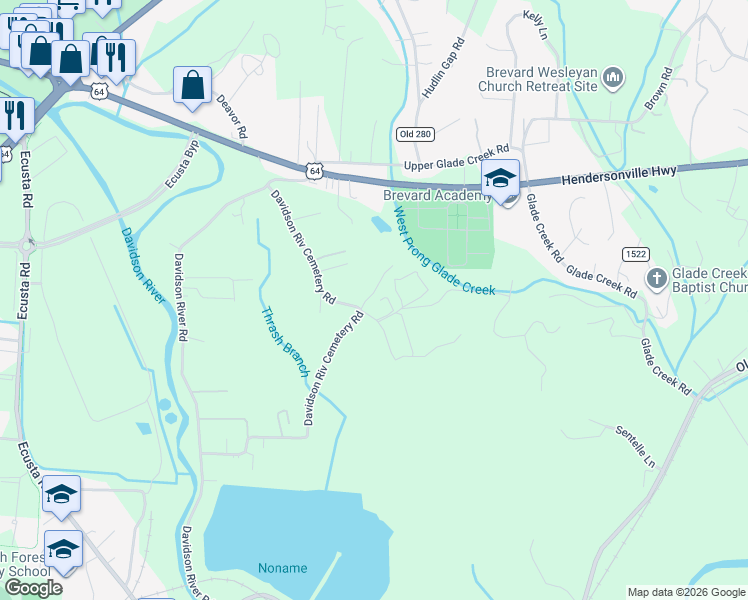 map of restaurants, bars, coffee shops, grocery stores, and more near 98 Fulcher Drive in Transylvania County