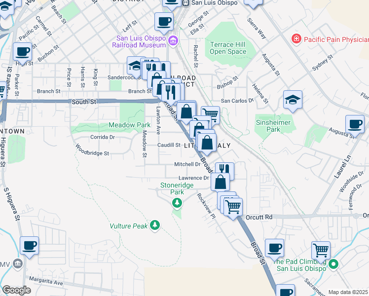 map of restaurants, bars, coffee shops, grocery stores, and more near 675 Caudill Street in San Luis Obispo