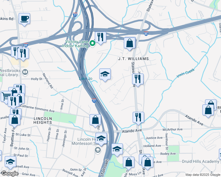 map of restaurants, bars, coffee shops, grocery stores, and more near 2415 Carmine Street in Charlotte