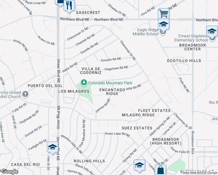 map of restaurants, bars, coffee shops, grocery stores, and more near 2318 Garden Road Northeast in Rio Rancho