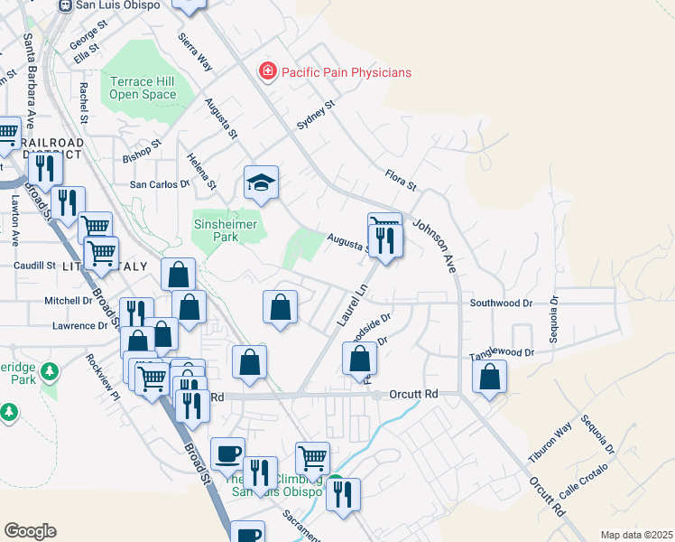map of restaurants, bars, coffee shops, grocery stores, and more near 1070 Southwood Drive in San Luis Obispo