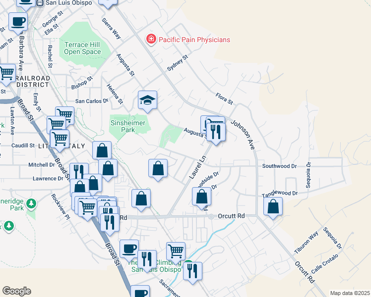 map of restaurants, bars, coffee shops, grocery stores, and more near 1070 Southwood Drive in San Luis Obispo