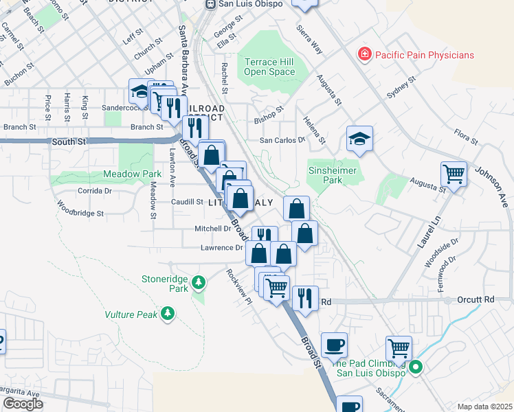 map of restaurants, bars, coffee shops, grocery stores, and more near 921 Humbert Avenue in San Luis Obispo