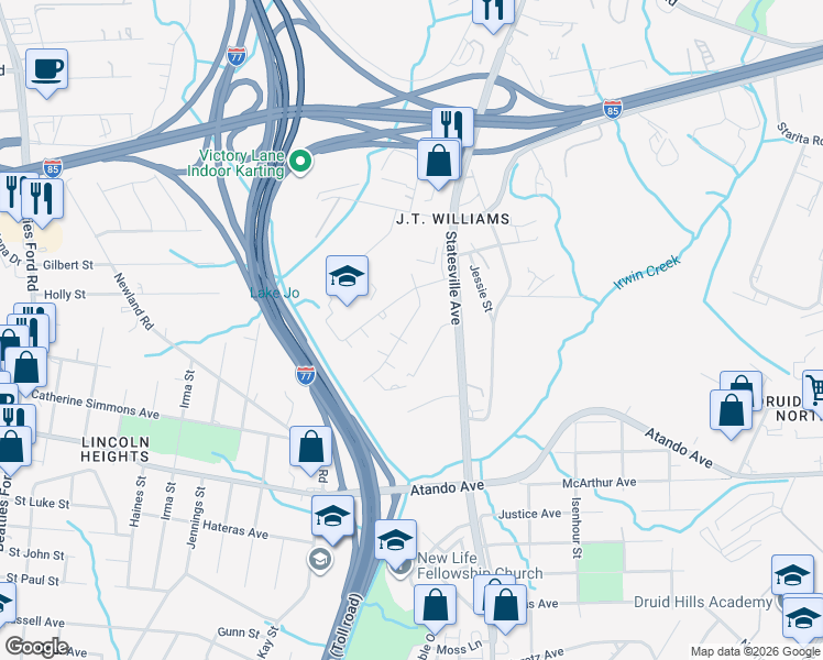 map of restaurants, bars, coffee shops, grocery stores, and more near 2322 Julia Avenue in Charlotte