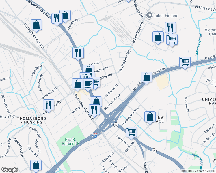 map of restaurants, bars, coffee shops, grocery stores, and more near in Charlotte