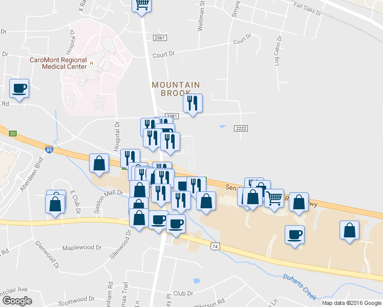 map of restaurants, bars, coffee shops, grocery stores, and more near 2635 Pembroke Road in Gastonia