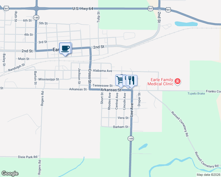 map of restaurants, bars, coffee shops, grocery stores, and more near 515 Arkansas Street in Earle