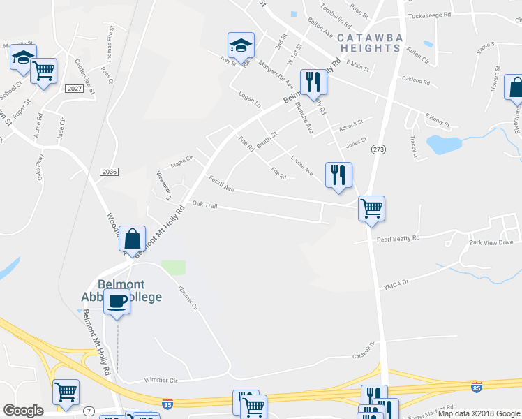 map of restaurants, bars, coffee shops, grocery stores, and more near 121 Oak Trail in Belmont