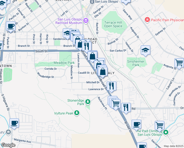 map of restaurants, bars, coffee shops, grocery stores, and more near 677 Caudill Street in San Luis Obispo