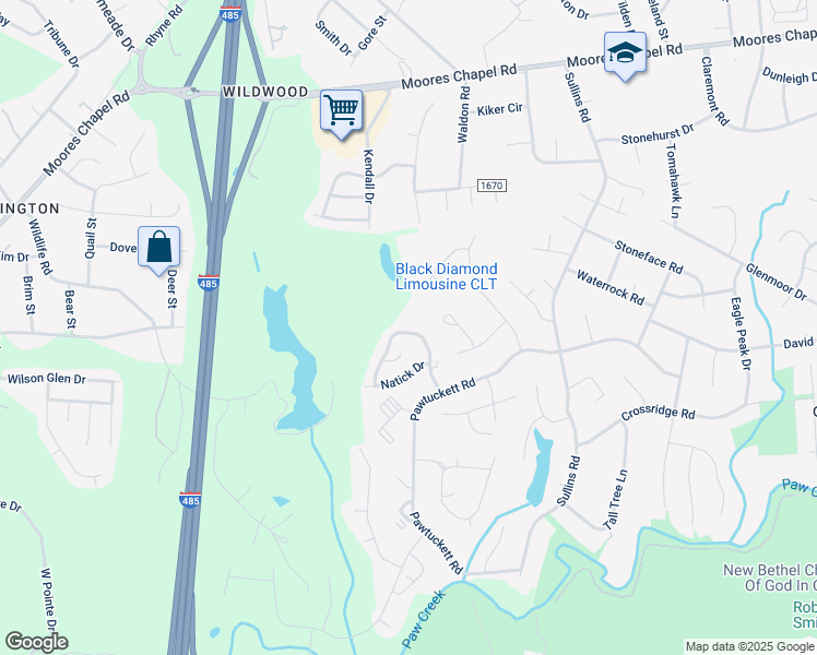 map of restaurants, bars, coffee shops, grocery stores, and more near 6500 Pennacook Drive in Charlotte