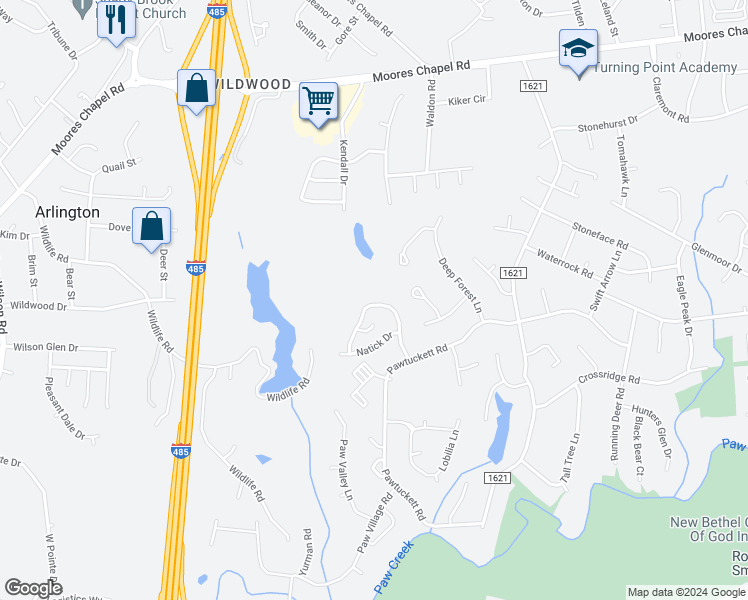 map of restaurants, bars, coffee shops, grocery stores, and more near 6508 Pennacook Drive in Charlotte