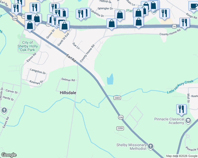 map of restaurants, bars, coffee shops, grocery stores, and more near 1133 Earl Road in Shelby