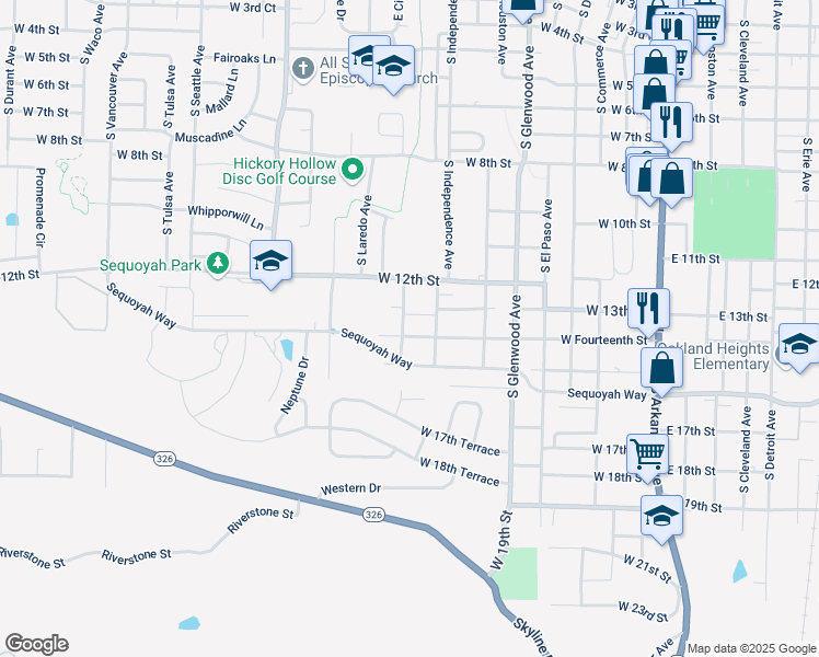 map of restaurants, bars, coffee shops, grocery stores, and more near 1305 South Independence Avenue in Russellville