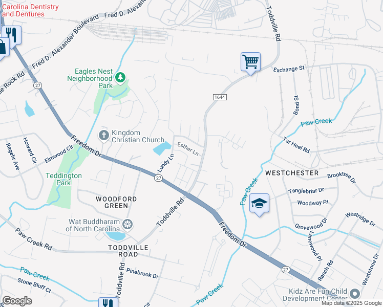map of restaurants, bars, coffee shops, grocery stores, and more near 5343 Esther Lane in Charlotte