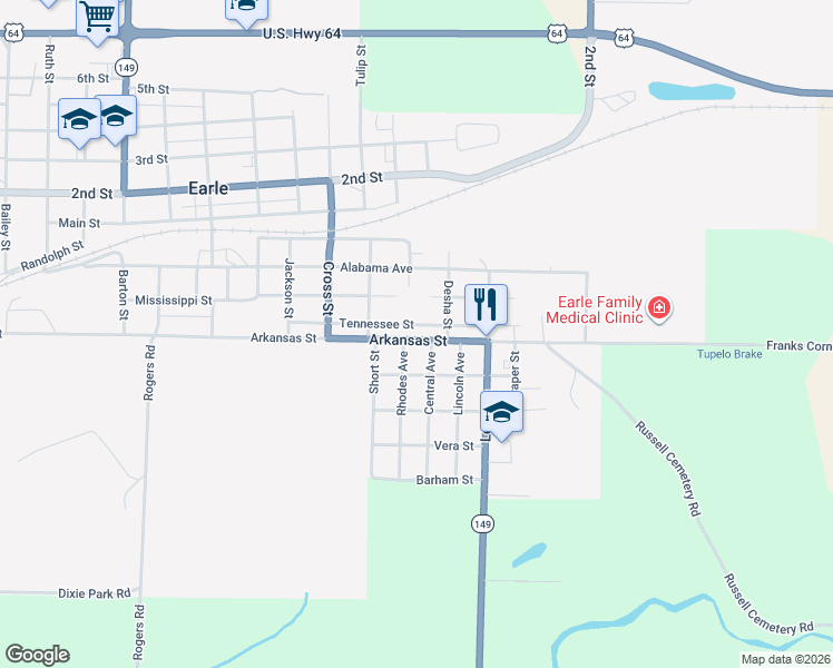 map of restaurants, bars, coffee shops, grocery stores, and more near 515 Arkansas Street in Earle
