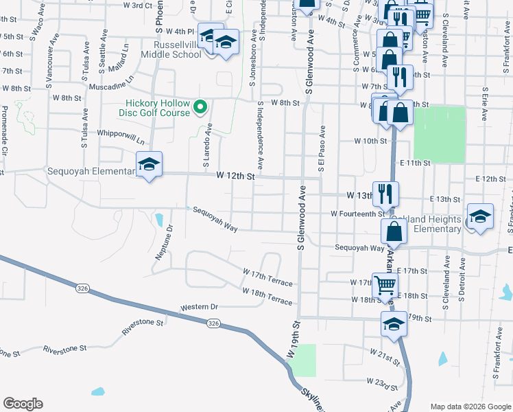 map of restaurants, bars, coffee shops, grocery stores, and more near 1319 South Independence Avenue in Russellville