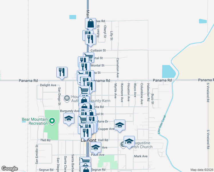 map of restaurants, bars, coffee shops, grocery stores, and more near 9709 Primrose Avenue in Lamont
