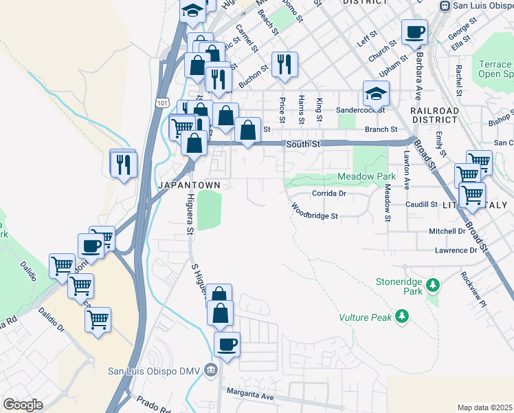 map of restaurants, bars, coffee shops, grocery stores, and more near 253 Bridge Street in San Luis Obispo