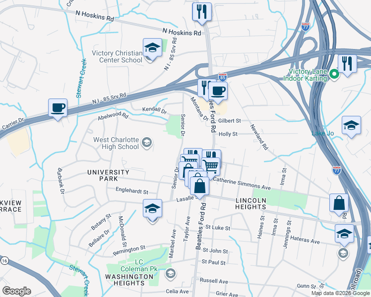 map of restaurants, bars, coffee shops, grocery stores, and more near 2322 Senior Drive in Charlotte