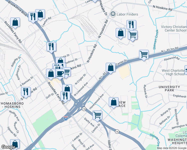 map of restaurants, bars, coffee shops, grocery stores, and more near in Charlotte