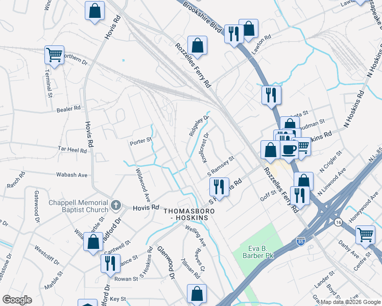 map of restaurants, bars, coffee shops, grocery stores, and more near 4808 Ridgeley Drive in Charlotte