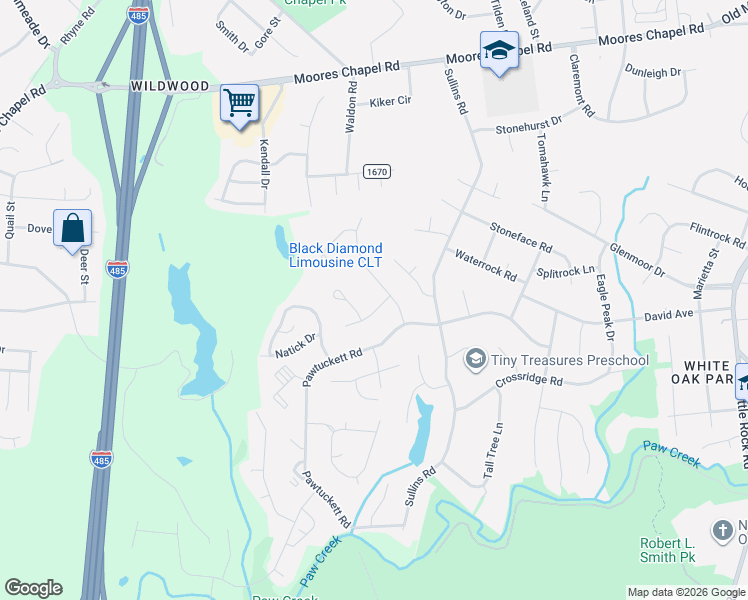 map of restaurants, bars, coffee shops, grocery stores, and more near 6216 Quiet Water Place in Charlotte