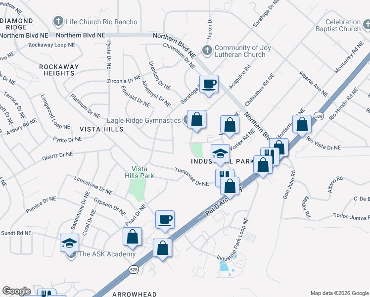 map of restaurants, bars, coffee shops, grocery stores, and more near 521 Quantum Road Northeast in Rio Rancho