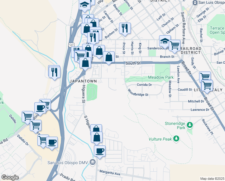 map of restaurants, bars, coffee shops, grocery stores, and more near 253 Bridge Street in San Luis Obispo