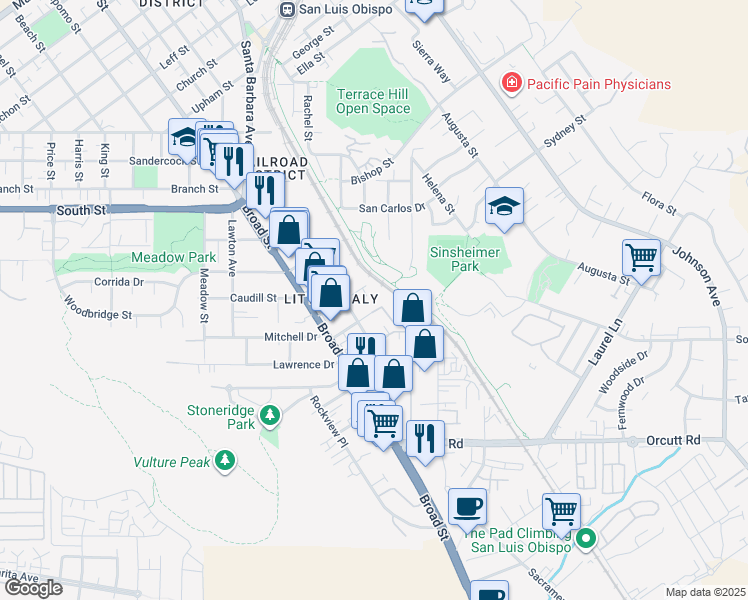 map of restaurants, bars, coffee shops, grocery stores, and more near 921 Humbert Avenue in San Luis Obispo