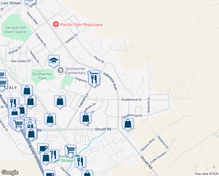 map of restaurants, bars, coffee shops, grocery stores, and more near 3179 Rose Avenue in San Luis Obispo
