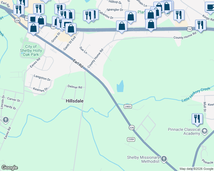 map of restaurants, bars, coffee shops, grocery stores, and more near 1133 Earl Road in Shelby