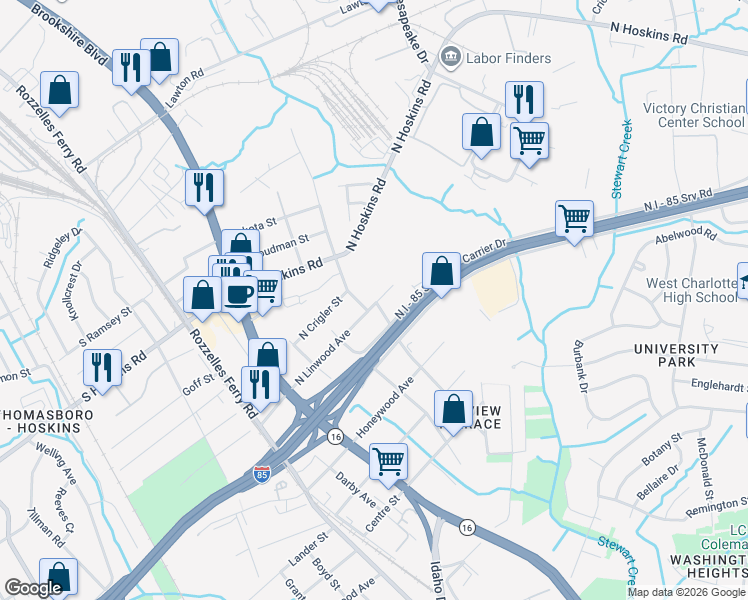 map of restaurants, bars, coffee shops, grocery stores, and more near in Charlotte