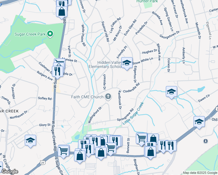 map of restaurants, bars, coffee shops, grocery stores, and more near 4915 Cinderella Road in Charlotte