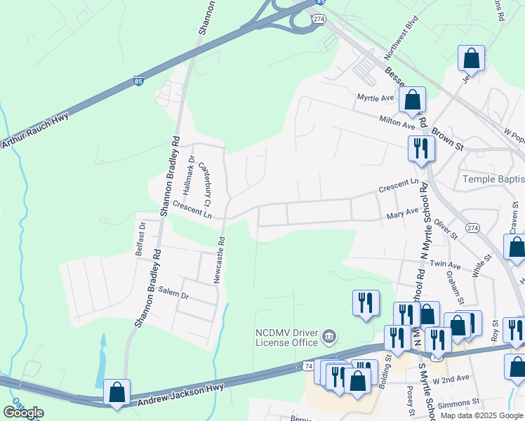 map of restaurants, bars, coffee shops, grocery stores, and more near 2733 Crescent Lane in Gastonia