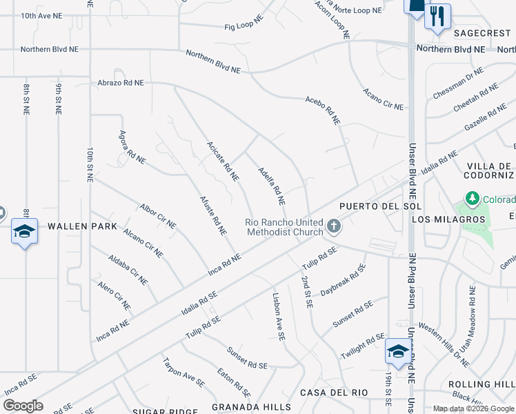 map of restaurants, bars, coffee shops, grocery stores, and more near 421 3rd Street Northeast in Rio Rancho