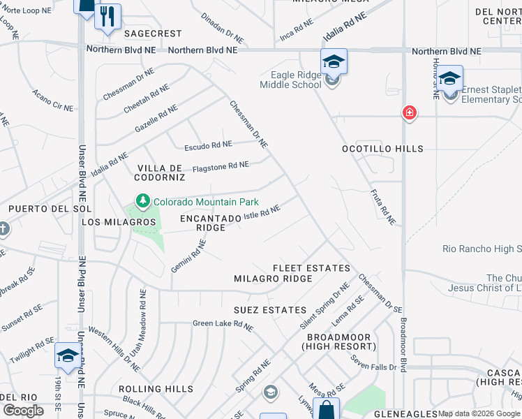 map of restaurants, bars, coffee shops, grocery stores, and more near 2509 Istle Road Northeast in Rio Rancho