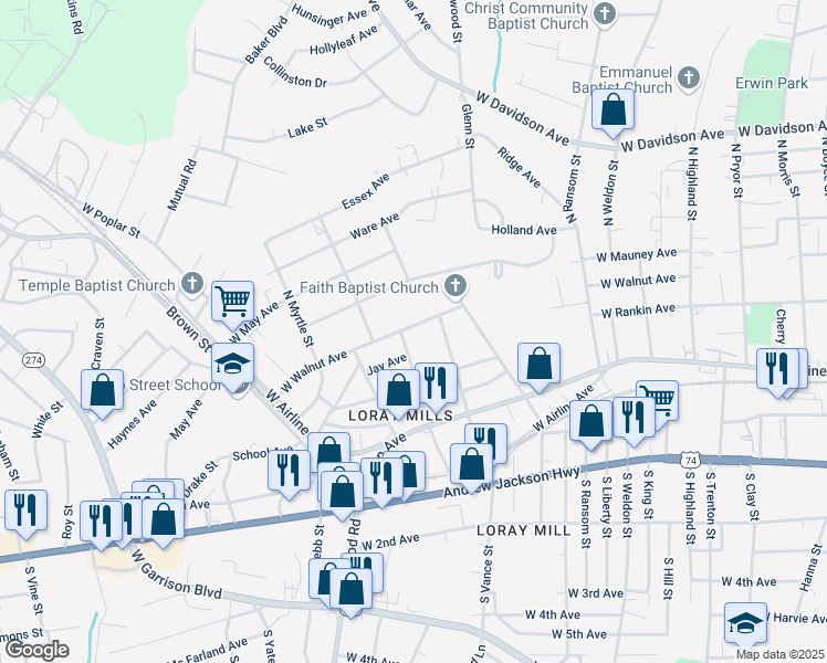 map of restaurants, bars, coffee shops, grocery stores, and more near 1211 West Walnut Avenue in Gastonia