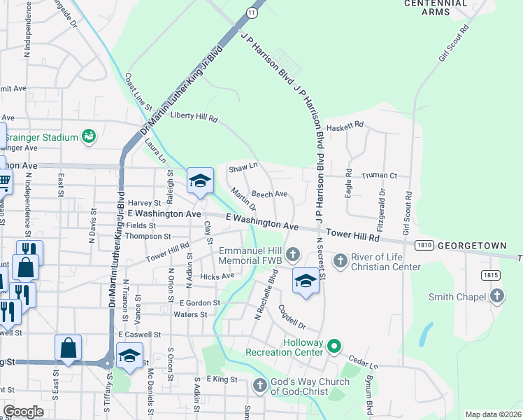 map of restaurants, bars, coffee shops, grocery stores, and more near 505 Martin Drive in Kinston