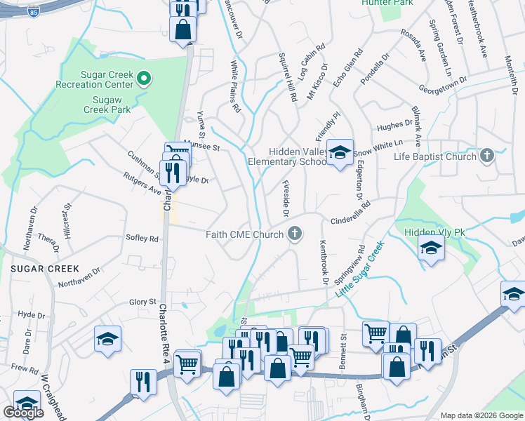 map of restaurants, bars, coffee shops, grocery stores, and more near 4823 Hidden Valley Road in Charlotte
