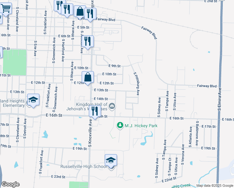 map of restaurants, bars, coffee shops, grocery stores, and more near 1508 East 13th Street in Russellville