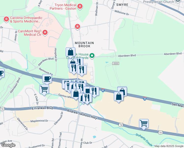 map of restaurants, bars, coffee shops, grocery stores, and more near 2635 Pembroke Road in Gastonia