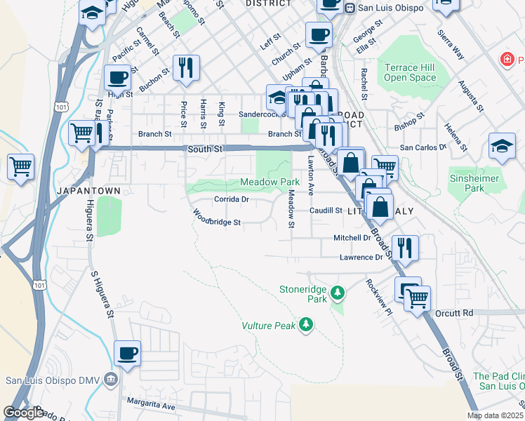 map of restaurants, bars, coffee shops, grocery stores, and more near 2330 Ganador Court in San Luis Obispo
